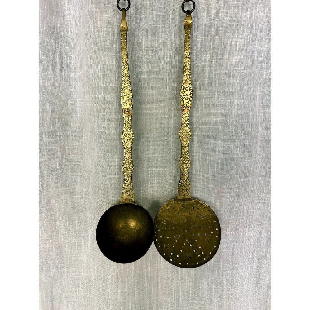 Antique Ornate Brass Ladle and Skimmer Set Embossed Floral Long Handle